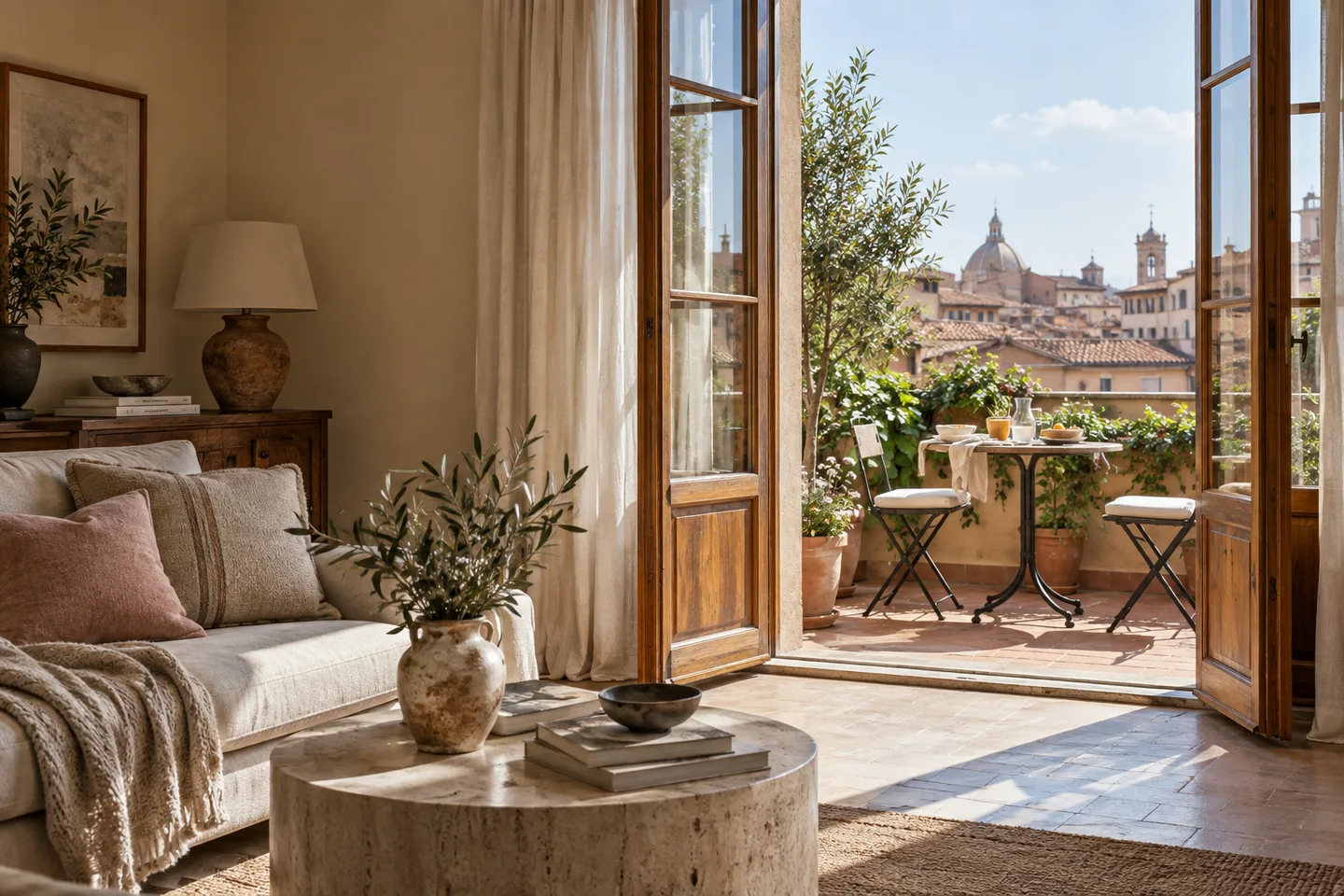 Un soggiorno aperto su una terrazza italiana, immagine illustrativa